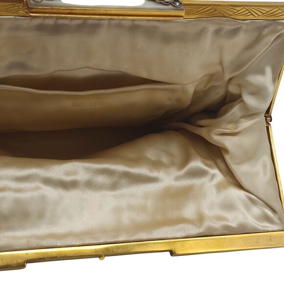 Vintage Handmade in France Evening Purse Clutch Bag Gold Mesh Beaded MOP Clasp - Picture 7 of 11